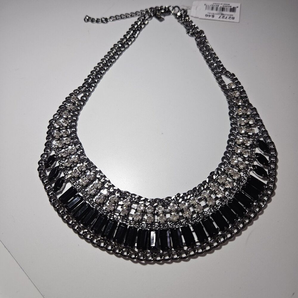 ONE VIVI DARK SILVER TONE/BLACK GENUINE CRYSTAL NECKLACE NEW 17"